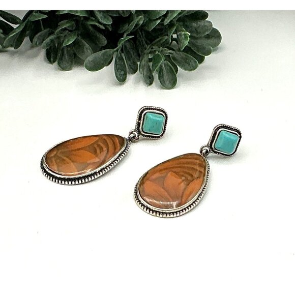 Drop Earrings With Brown Floral Swirl Teardrop & Turquoise Color Square Stones - Picture 2 of 8